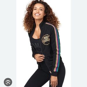 Zumba Fitness Black Bomber Jacket with Rose Gold Foil & Bling Rainbow Stripes